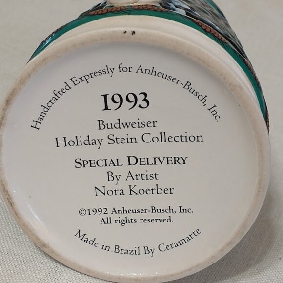 BEER STEIN 1993 Budweiser Holiday Stein -- "Special Delivery" - Picture 6 of 7